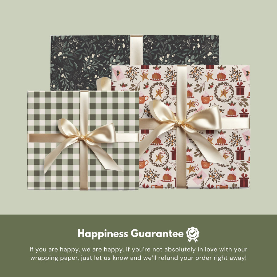 Pink Cocoa, Sage Plaid and Winter Greenery wrapping paper on three gifts