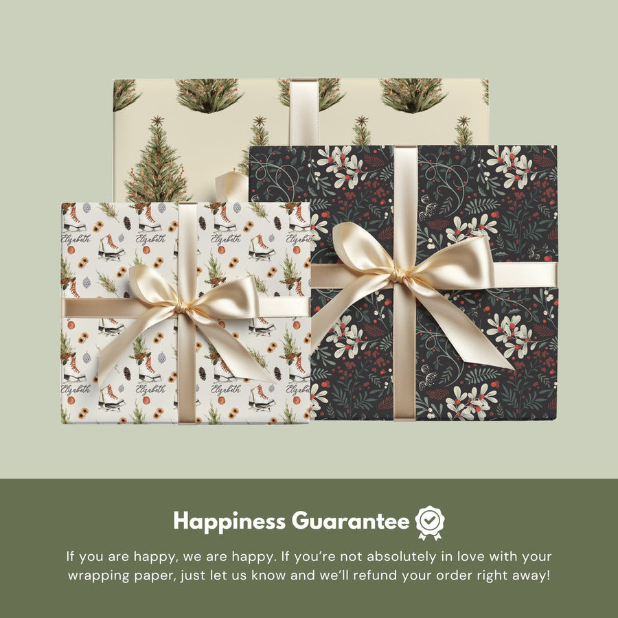 Beige Christmas Tree, Ice Skates and Mistletoe wrapping paper wrapped together