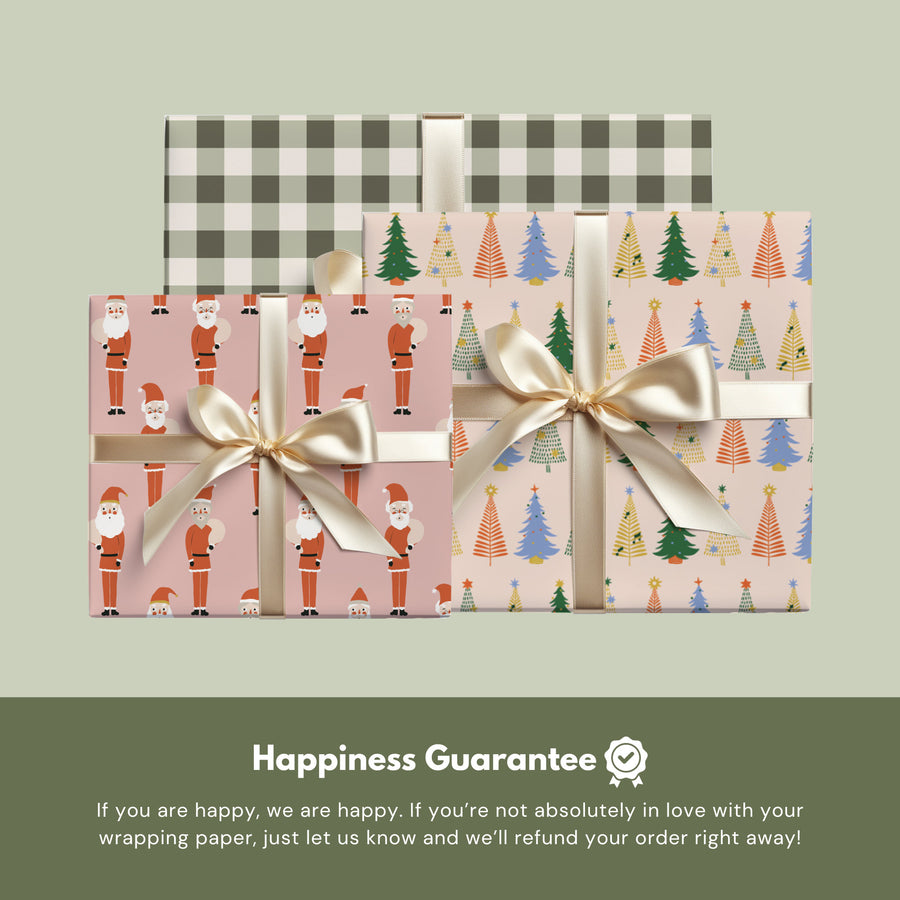 Sage Plaid, Pink Santa and Pastel Christmas Trees wrapping paper wrapped together