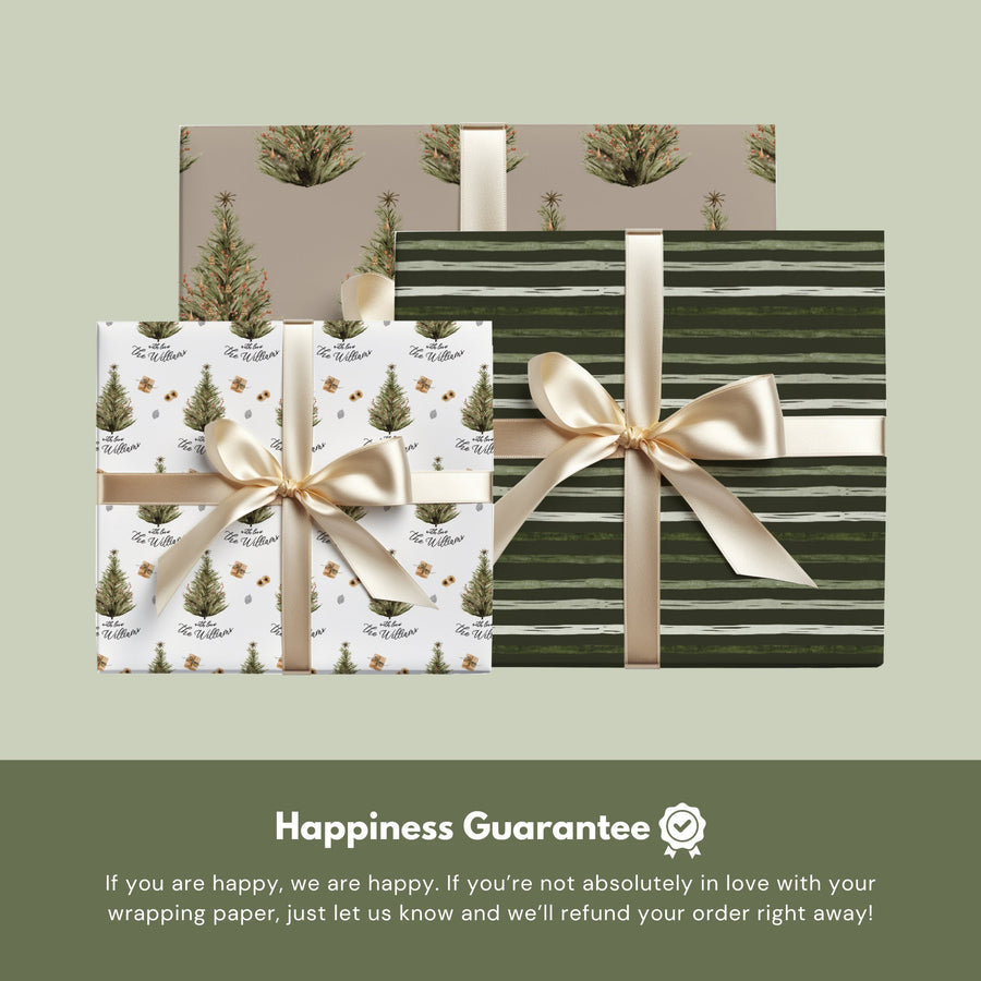 Taupe Christmas Tree, Personalized Christmas Tree and Evergreen Stripe wrapping paper wrapped together