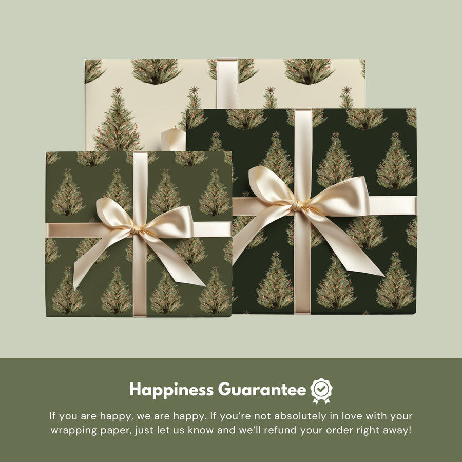 Beige, Sage and Evergreen Christmas Tree wrapping paper wrapped together